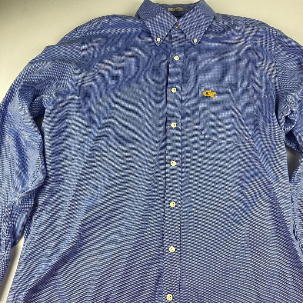 Peter Millar Georgia Tech Men L Blue Cotton Button Down Shirt GT Yellow Jackets